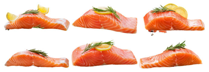 Fresh salmon fillets garnished with herbs and lemon slices isolated on transparent background