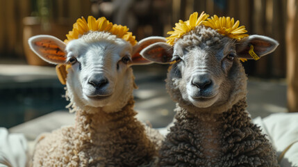 Obraz premium Charming sheep with flower crowns enjoying a sunny day together
