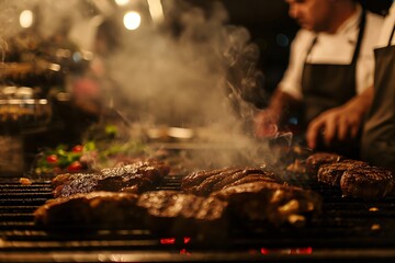 Close up of argentinian steaks grilling on a barbecue grill, with a cook in the background and smoke rising from the hot coals