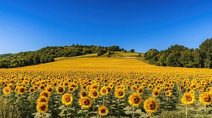 Naklejka premium A vast expanse of vibrant sunflower fields, their yellow faces turned towards the sun, with a deep blue sky as the backdrop.