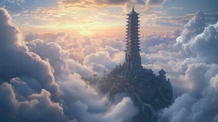 mage shows a tower floating above the clouds, Chinese culture themed style, physically based rendering, large scale, cloud core, village core