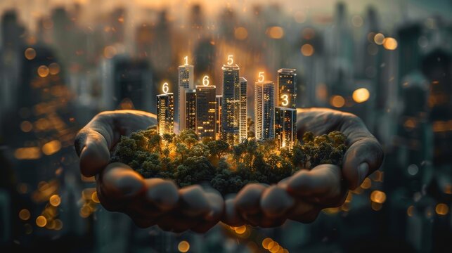Urban Expansion Futuristic Cityscape in the Palm of Your Hands Population Growth and Economic Prosperity Concept