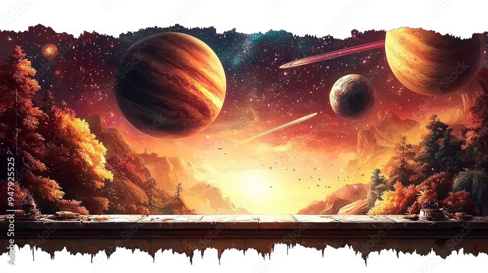 Poster fantasy landscape with planets and stars