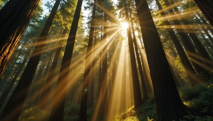 Sunlight Filtering Through Forest Trees in a Serene Natural Setting