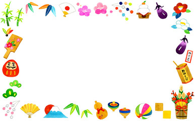 かわいい正月モチーフの背景　年賀状・新年の手描き水彩イラスト素材