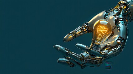Futuristic robotic hand holding a glowing light bulb, symbolizing innovation and technology. Perfect for science and art themes.