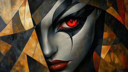 Chic vampire queen with red eyes in cubism style