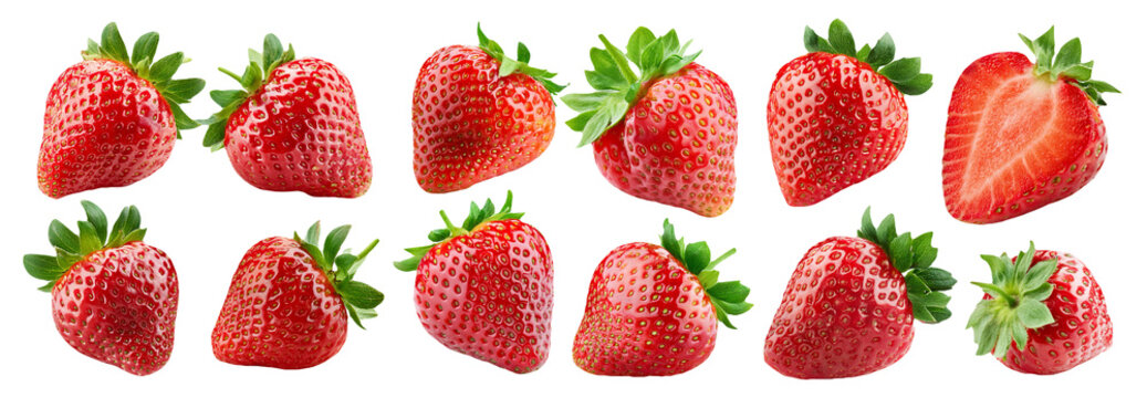 Fresh strawberries whole and halved with vibrant red color isolated on transparent background