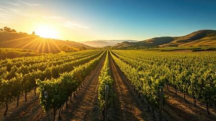 Endless rows of grapevines in a vineyard, basking in the sunlight under a clear blue sky, with hills in the distance.