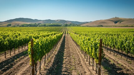 Fototapeta premium Endless rows of grapevines in a vineyard, basking in the sunlight under a clear blue sky, with hills in the distance.