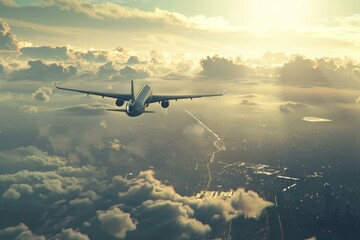 Naklejka premium Passenger airplane is flying over a city at sunset
