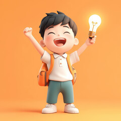 A cheerful young boy holds a glowing light bulb with a big smile, ready to explore the world of imagination