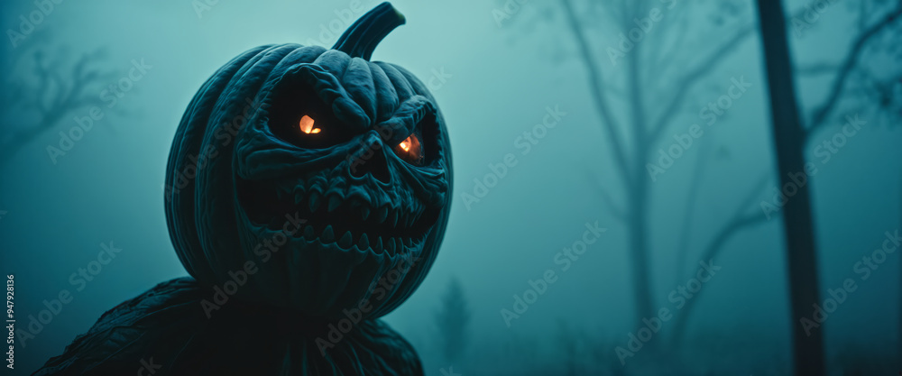 Wall mural Scary Halloween pumpkin monster with spooky hazy background