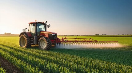 Obraz premium Side view of a tractor with extended spray arms, distributing pesticide evenly across a vibrant green field.