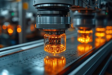 A machine is making a glass object with a yellowish tint