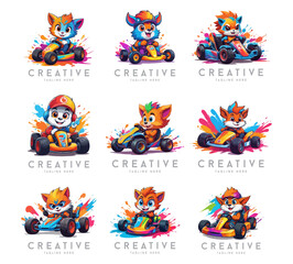 Karting Vector Mascot logo design template. Go Kart racing illustration in colorful cartoon design, good for event logo, t shirt design and racing team logo. cartoon fun racing logo illustration	
