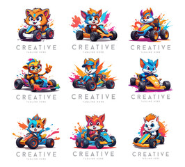 Karting Vector Mascot logo design template. Go Kart racing illustration in colorful cartoon design, good for event logo, t shirt design and racing team logo. cartoon fun racing logo illustration	
