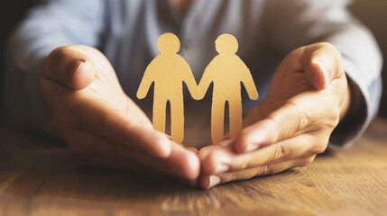 Hands Protecting Paper Cutout Couple Symbolizing Partnership