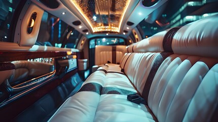 Fototapeta premium Luxurious and elegant long VIP limousine car interior, white deluxe leather seats with brown and black details, premium automobile indoors