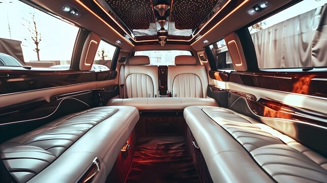 Luxurious and elegant long VIP limousine car interior, white deluxe leather seats with brown and black details, premium automobile indoors