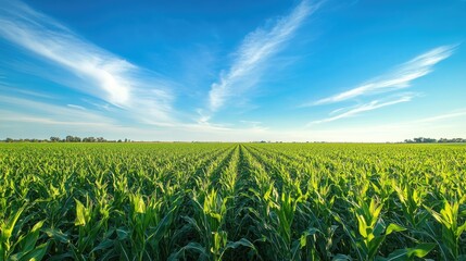 Wide shot of lush green cornfields stretching to the horizon, with a bright blue sky and a few wispy clouds overhead.
