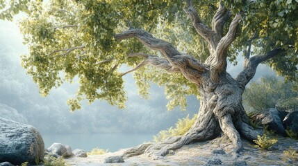 Big tree with intricate branches, captured in various moments, standing gracefully in a serene rest area with a realistic background