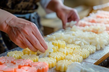 Close up of a confectioner's hands arranging delicate flower shaped wagashi, traditional japanese sweets, on a wooden table