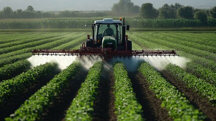 Fototapeta premium Zoomed-in view of a tractor's pesticide sprayer at work, the mist gently covering the rows of thriving crops.