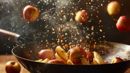 Sizzling StirFry Dynamic image of apples tossed into a wok capturing the essence of vibrant cooking and culinary creativity