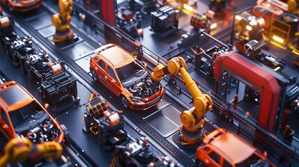 Fototapeta premium Automated Precision Robots at Work on Car Assembly Line Innovative Technology in Automotive Manufacturing