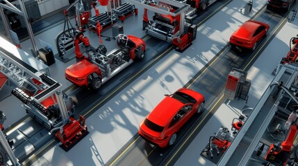 Naklejka premium Automated Precision Robots at Work on Car Assembly Line Innovative Technology in Automotive Manufacturing