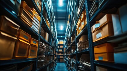 Fototapeta premium Organized Document Archive with Shelves Full of Paper Sheets for Efficient Storage