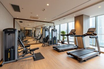 Fototapeta premium Explore the Elegance of a Modern Gym: State-of-the-Art Fitness Equipment in a Spacious, Bright Environment