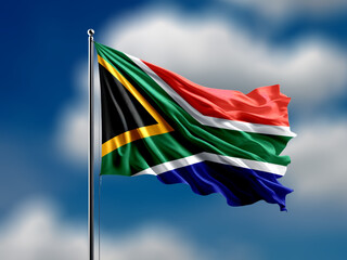 South Africa flag flying on blur blue clouds background.