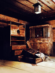 Wooden shelves and crates in an old attic in an abandoned house at night. 3D render. Made with 3d resources and painted elements. No AI used. 