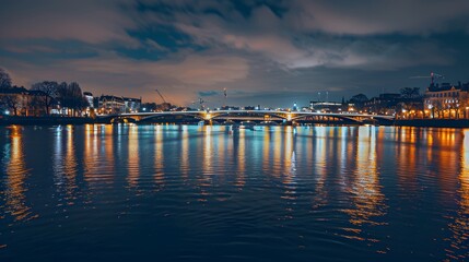 Naklejka premium Night View of a City Bridge with Reflections in the Water