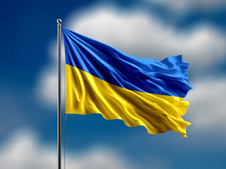 ukraine flag flying on blur blue clouds background.