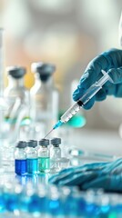 a scientist carefully extracting liquid from a vial using a syringe in a lab environment.