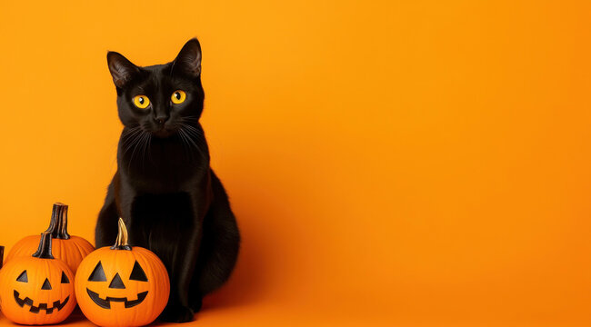 Chat noir adorable assis avec des citrouilles d'Halloween, regardant devant, isol&eacute; sur un fond orange, carte pour c&eacute;l&eacute;bration de f&ecirc;te, image avec espace pour texte.