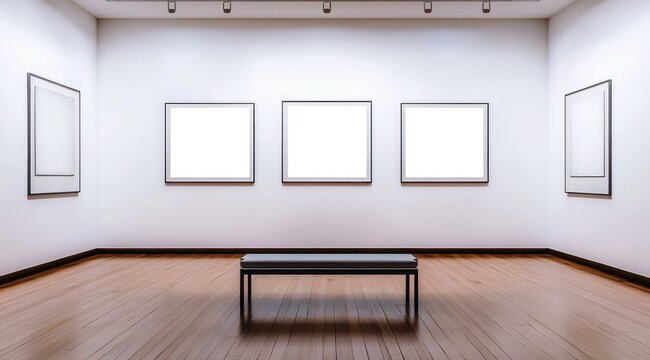 Galerie d'exposition d'art, &eacute;clairage vif d'un mur de blanc avec cadres vides, un banc au milieu et un sol en parquet en bois.
