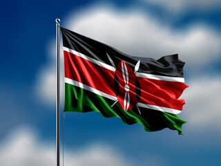 Kenya flag flying on blur blue clouds background.