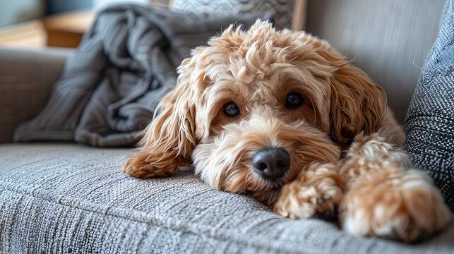 A Goldendoodle resting on a cozy couch, its soft curls blending into the plush cushions, with a relaxed and content expression on its face