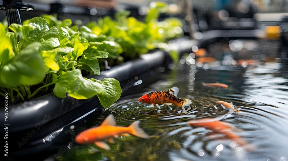 Poster photograph showcasing iot sensors seamlessly integrated into an advanced aquaponics system enabling 