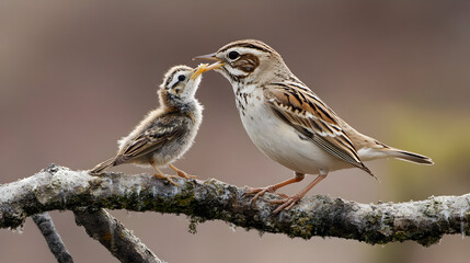Fototapeta premium Sparrow Feeding Its Baby Chick on Mossy Branch in Nature
