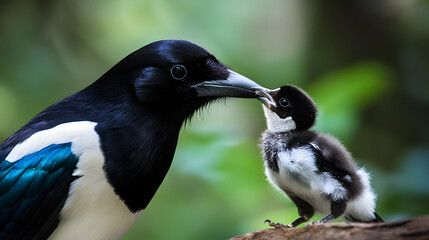 Obraz premium Caring parent bird feeding its fluffy baby chick on tree branch in natural habitat