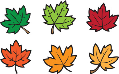 Set of green, red, yellow and orange autumn leaves isolated on white background.