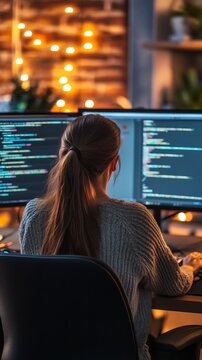Computer programmer writing code on multiple monitors at night