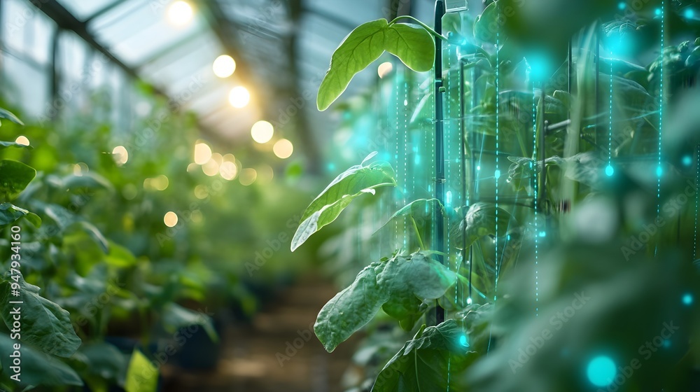 Poster iot sensors in a greenhouse automatically controlling the environment to enable optimal plant growth