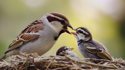 Fototapeta premium Sparrow Mother Feeding Nestlings in Cozy Nest