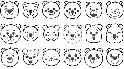 18 Black and White Bear Faces with Various Expressions.